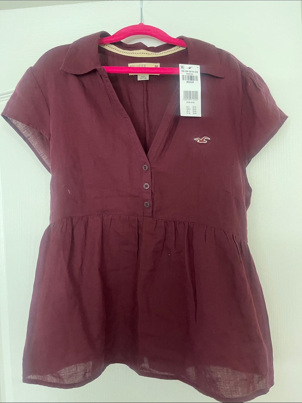 Hollister Women's Burgundy Short-Sleeve V-Neck Peplum Blouse